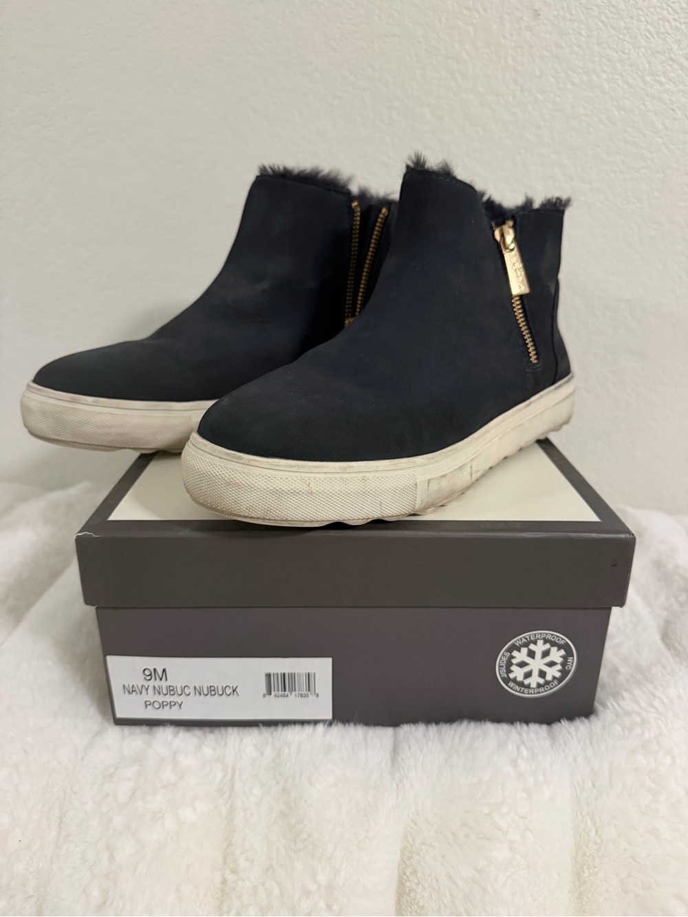 ⁠J/Slides Poppy Navy Nubuck Waterproof Faux Fur Booties 9